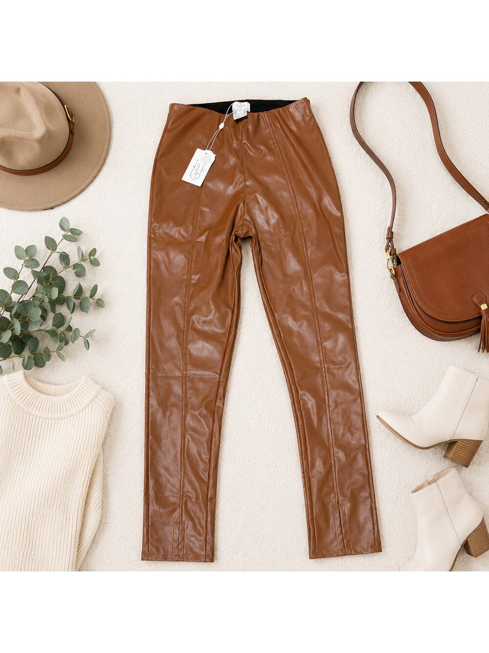 Mud Pie Ander Slit Faux Leather Leggings NWT Camel Brown Size Small